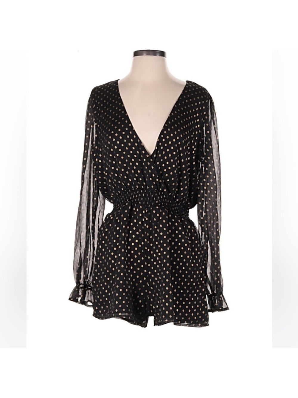 Lulus Evening Gold Dot Black Chiffon Romper Medium Sheer Sleeve V Neck Flowy NWT - Picture 6 of 6